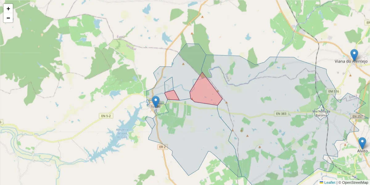 Mapa detalhado do código postal 7595-013 com limites, códigos postais vizinhos e agências dos correios