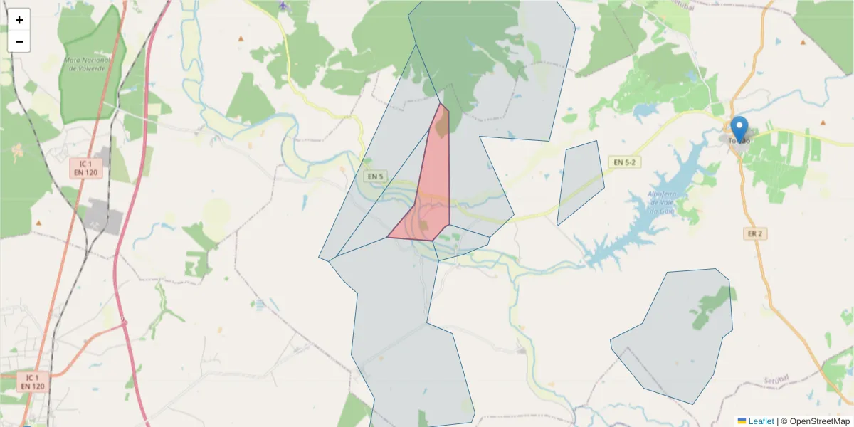 Mapa detalhado do código postal 7595-016 com limites, códigos postais vizinhos e agências dos correios