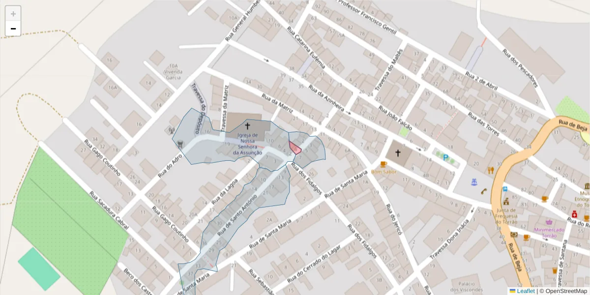 Mapa detalhado do código postal 7595-029 com limites, códigos postais vizinhos e agências dos correios