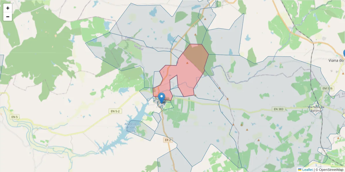 Mapa detalhado do código postal 7595-032 com limites, códigos postais vizinhos e agências dos correios