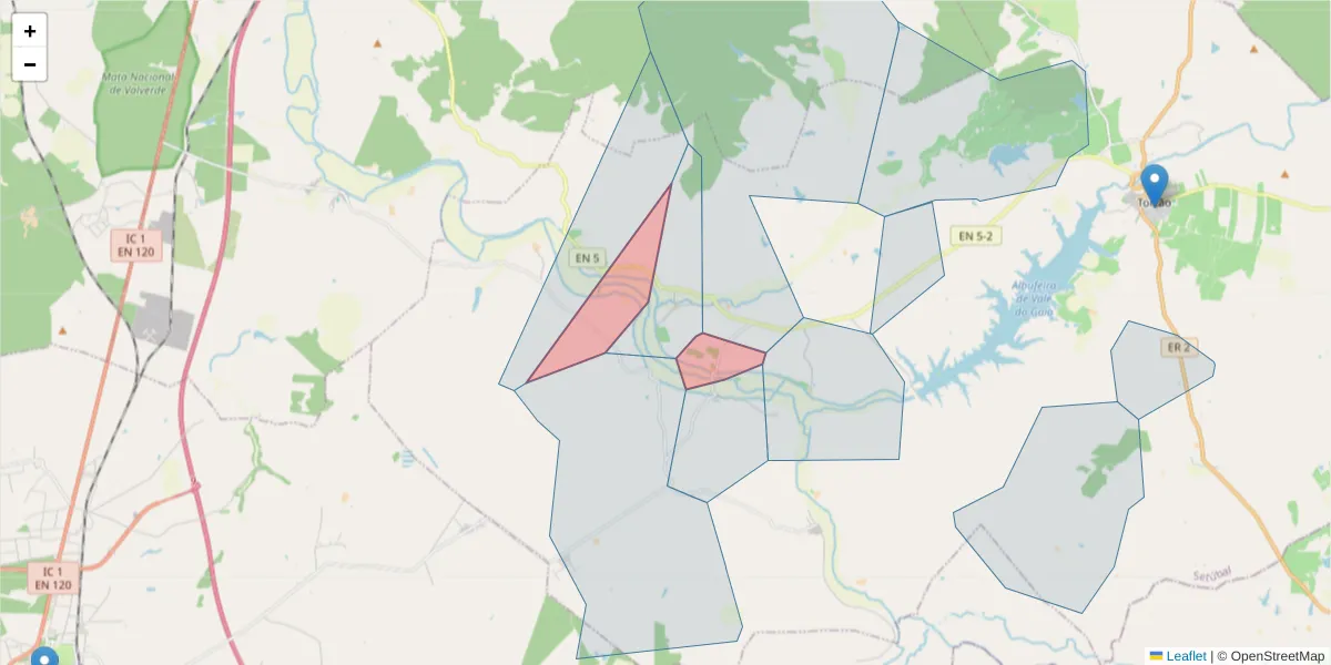 Mapa detalhado do código postal 7595-033 com limites, códigos postais vizinhos e agências dos correios
