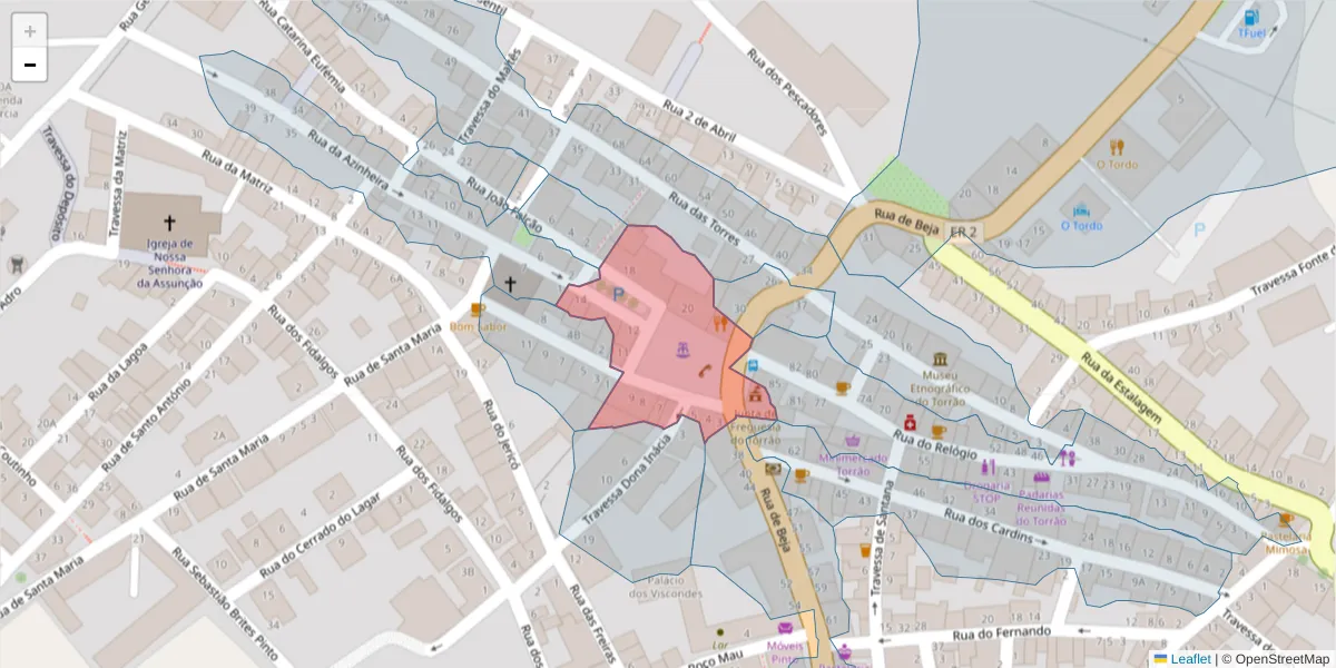Mapa detalhado do código postal 7595-044 com limites, códigos postais vizinhos e agências dos correios