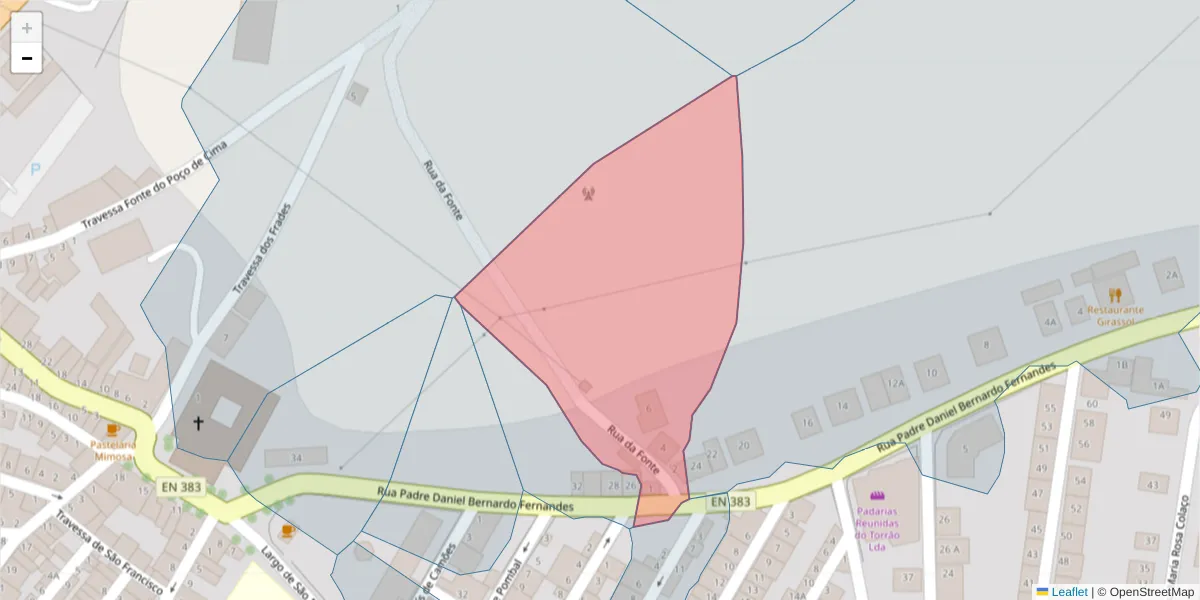 Mapa detalhado do código postal 7595-046 com limites, códigos postais vizinhos e agências dos correios