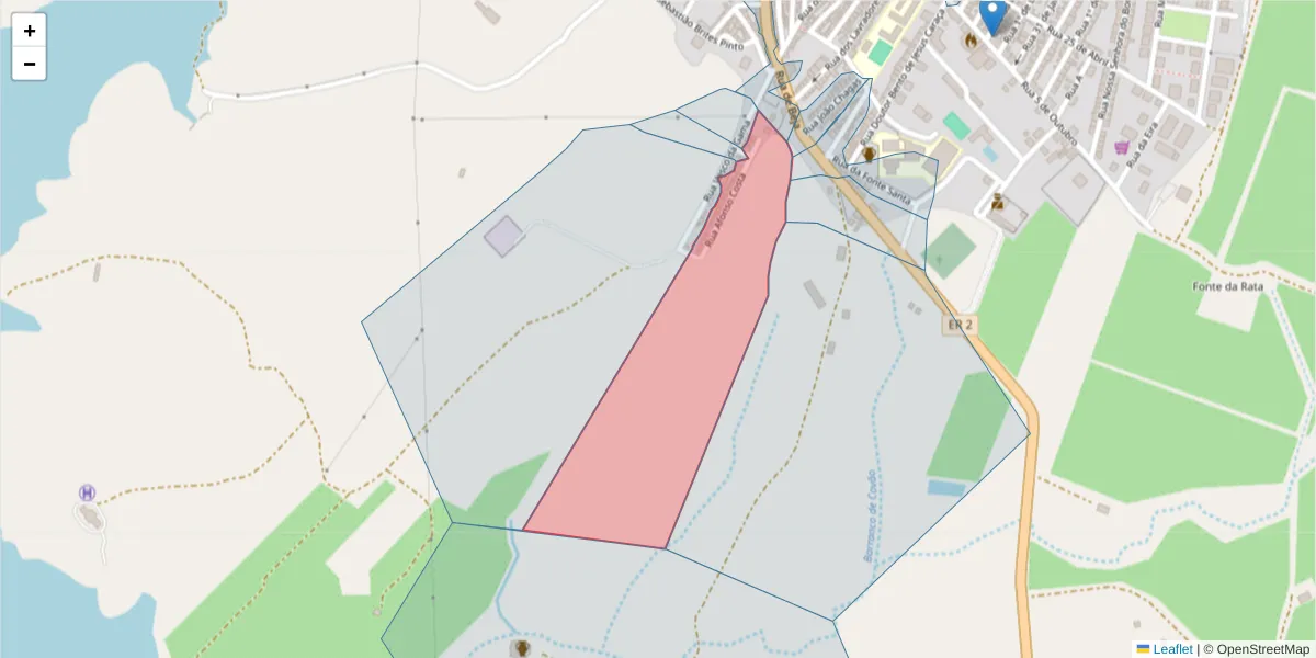 Mapa detalhado do código postal 7595-048 com limites, códigos postais vizinhos e agências dos correios