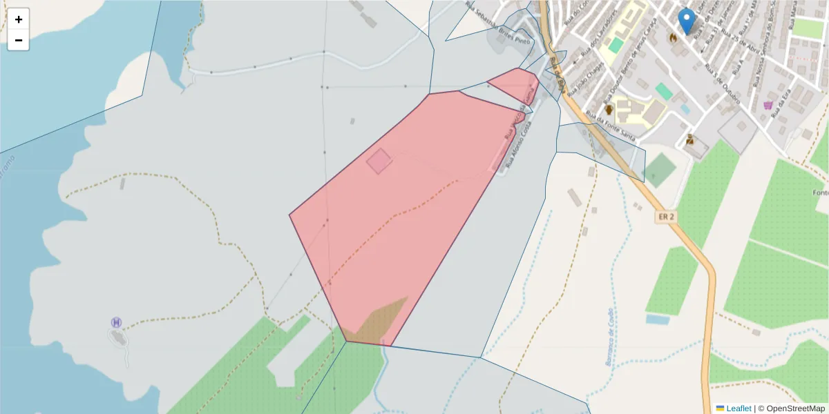 Mapa detalhado do código postal 7595-049 com limites, códigos postais vizinhos e agências dos correios