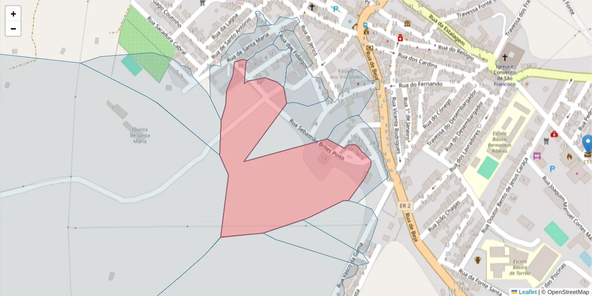 Mapa detalhado do código postal 7595-050 com limites, códigos postais vizinhos e agências dos correios