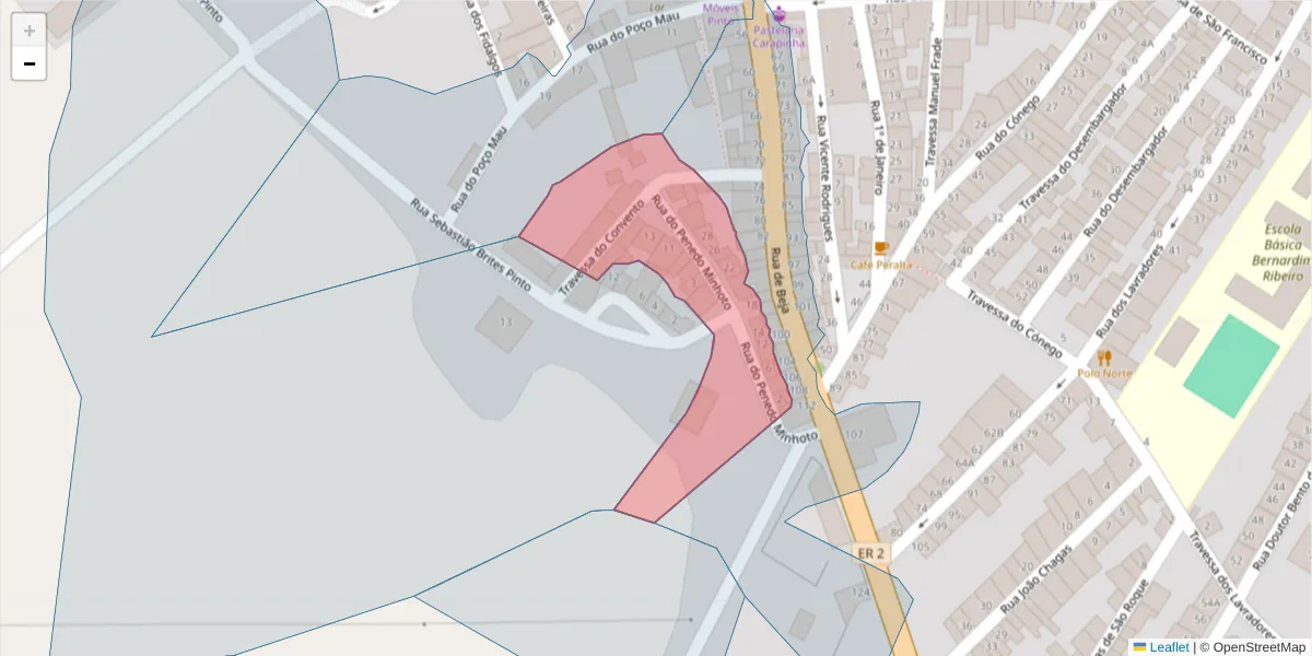 Mapa detalhado do código postal 7595-052 com limites, códigos postais vizinhos e agências dos correios