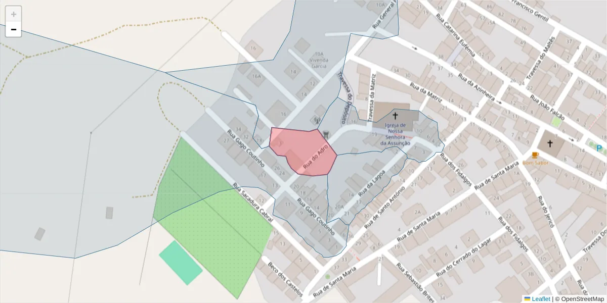 Mapa detalhado do código postal 7595-054 com limites, códigos postais vizinhos e agências dos correios