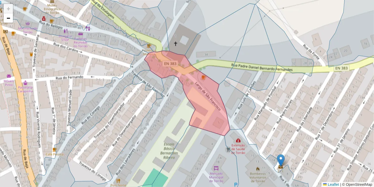 Mapa detalhado do código postal 7595-102 com limites, códigos postais vizinhos e agências dos correios