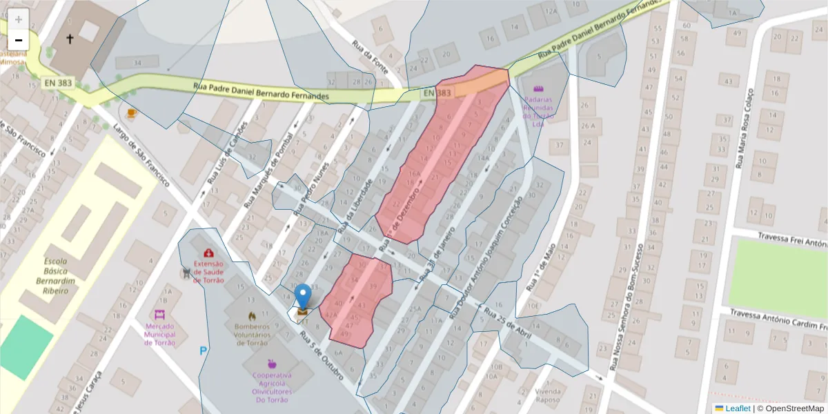 Mapa detalhado do código postal 7595-105 com limites, códigos postais vizinhos e agências dos correios