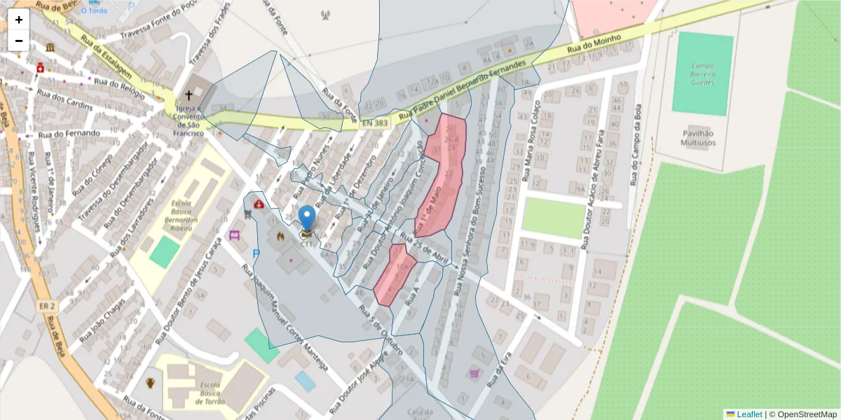 Mapa detalhado do código postal 7595-107 com limites, códigos postais vizinhos e agências dos correios