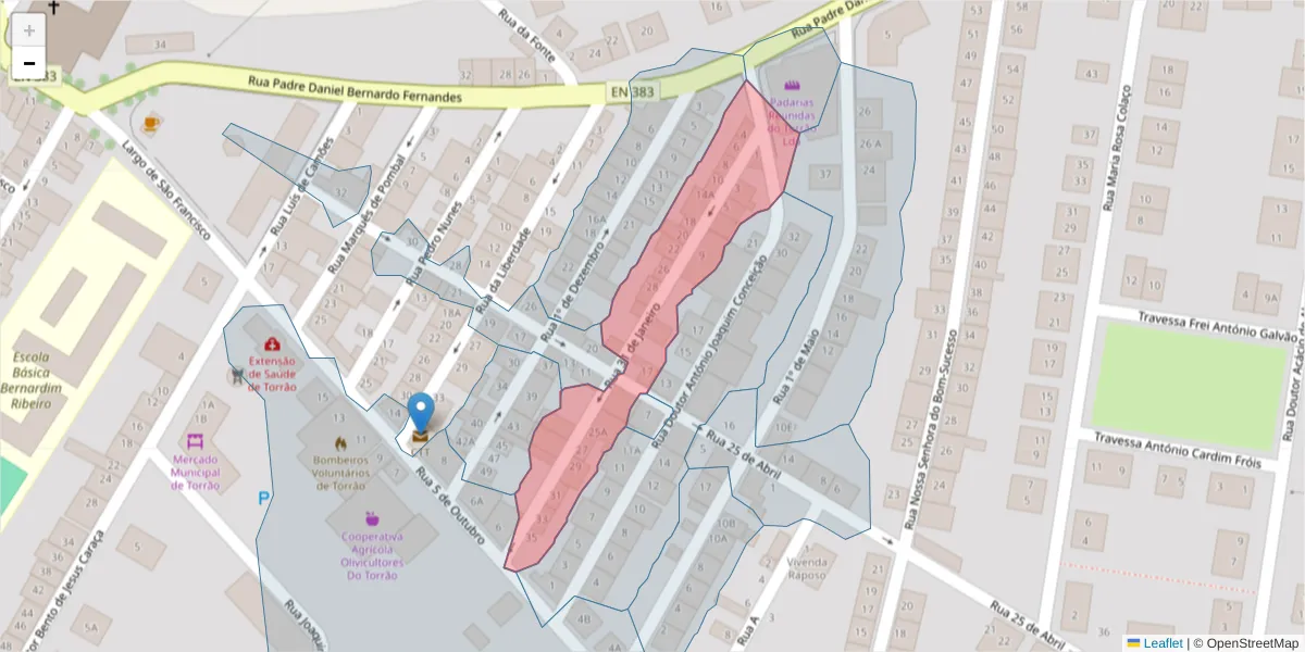Mapa detalhado do código postal 7595-110 com limites, códigos postais vizinhos e agências dos correios