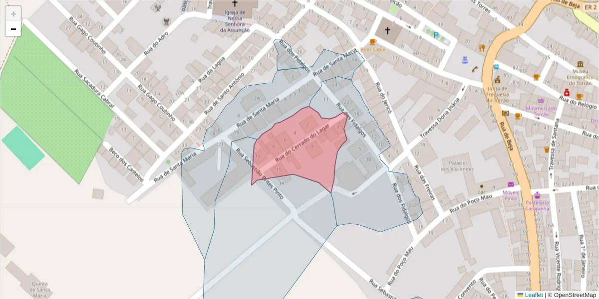 Mapa detalhado do código postal 7595-115 com limites, códigos postais vizinhos e agências dos correios