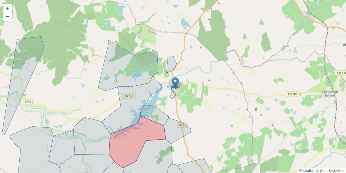 Mapa detalhado do código postal 7595-117 com limites, códigos postais vizinhos e agências dos correios