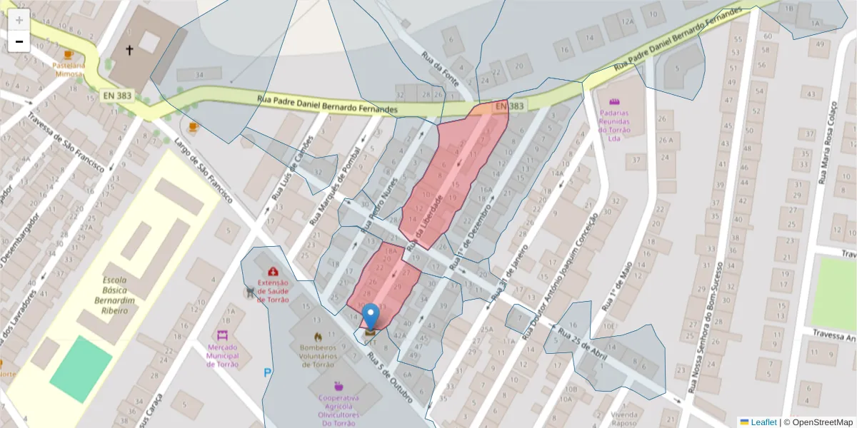 Mapa detalhado do código postal 7595-120 com limites, códigos postais vizinhos e agências dos correios