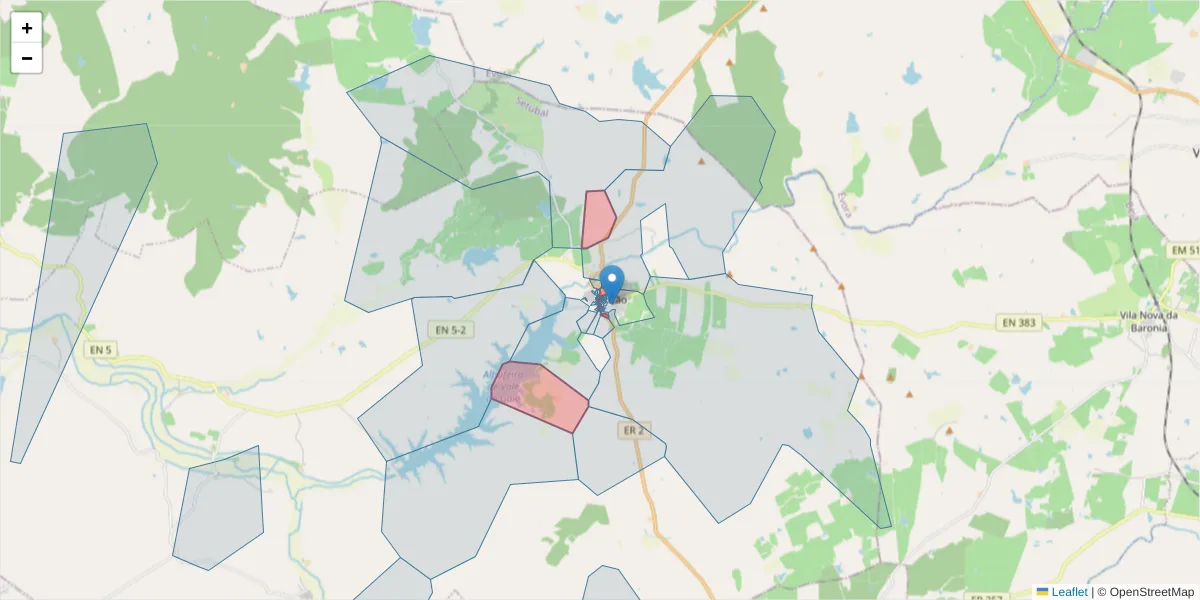 Mapa detalhado do código postal 7595-125 com limites, códigos postais vizinhos e agências dos correios