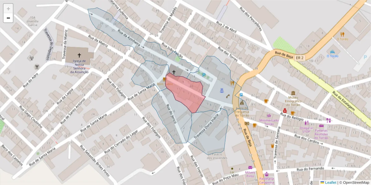 Mapa detalhado do código postal 7595-126 com limites, códigos postais vizinhos e agências dos correios