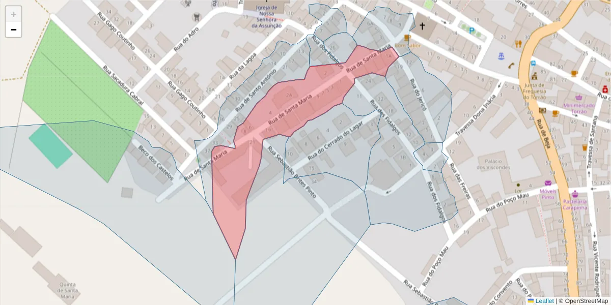 Mapa detalhado do código postal 7595-128 com limites, códigos postais vizinhos e agências dos correios