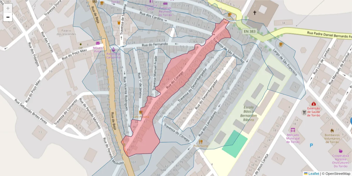 Mapa detalhado do código postal 7595-132 com limites, códigos postais vizinhos e agências dos correios