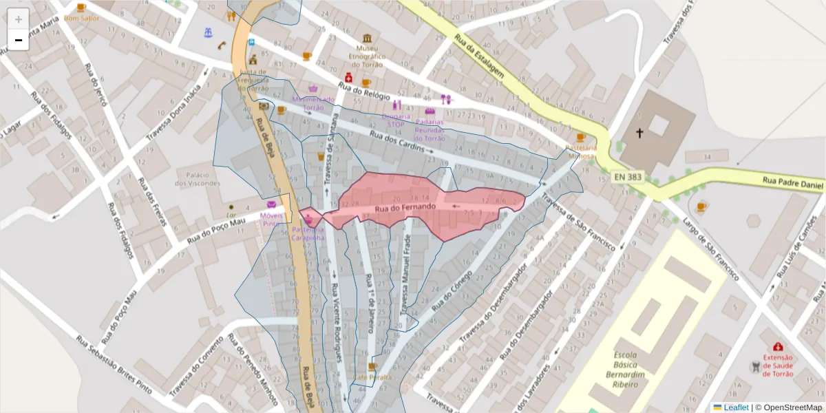 Mapa detalhado do código postal 7595-134 com limites, códigos postais vizinhos e agências dos correios