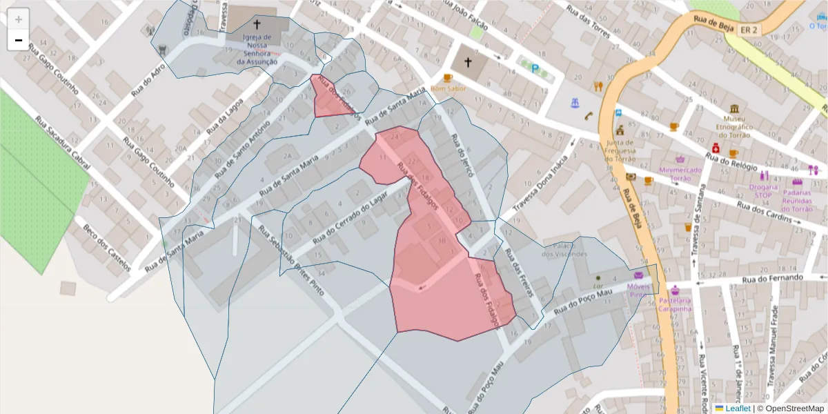 Mapa detalhado do código postal 7595-135 com limites, códigos postais vizinhos e agências dos correios