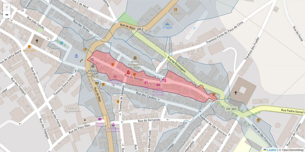 Mapa detalhado do código postal 7595-138 com limites, códigos postais vizinhos e agências dos correios