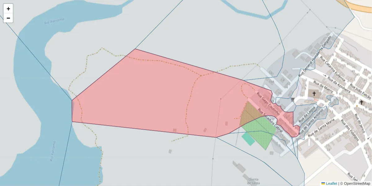 Mapa detalhado do código postal 7595-141 com limites, códigos postais vizinhos e agências dos correios