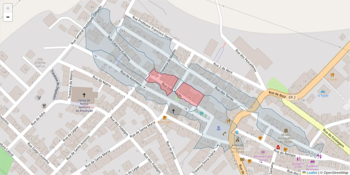 Mapa detalhado do código postal 7595-144 com limites, códigos postais vizinhos e agências dos correios