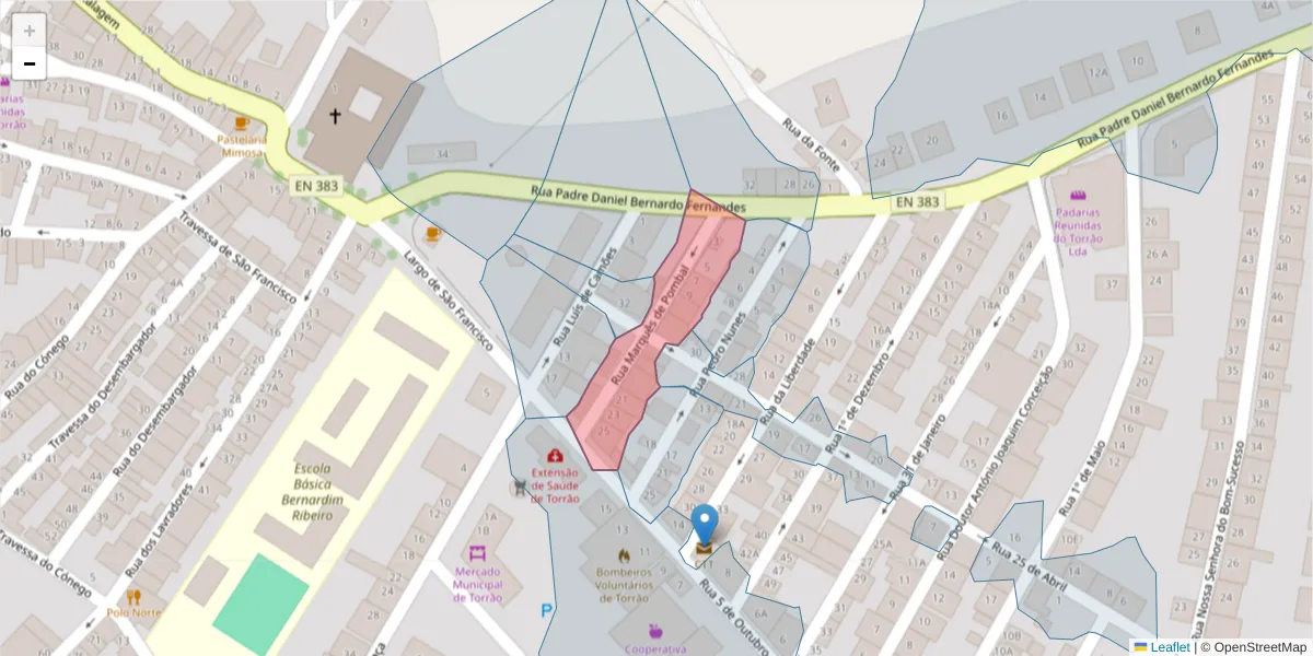 Mapa detalhado do código postal 7595-147 com limites, códigos postais vizinhos e agências dos correios