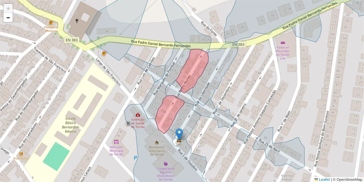 Mapa detalhado do código postal 7595-148 com limites, códigos postais vizinhos e agências dos correios
