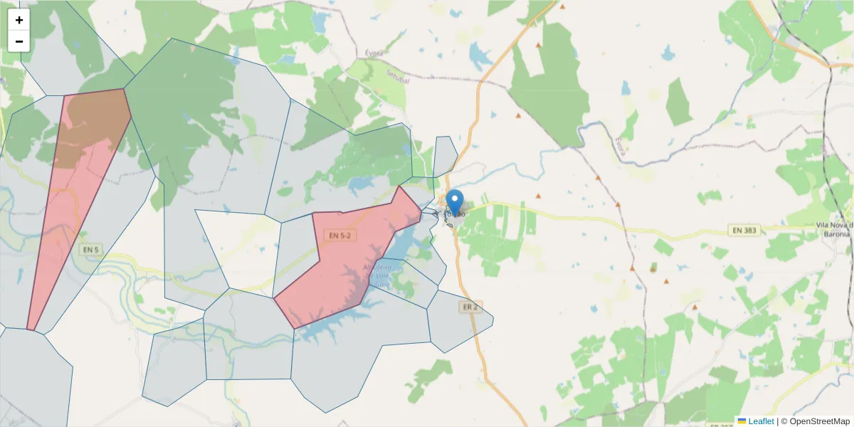Mapa detalhado do código postal 7595-150 com limites, códigos postais vizinhos e agências dos correios