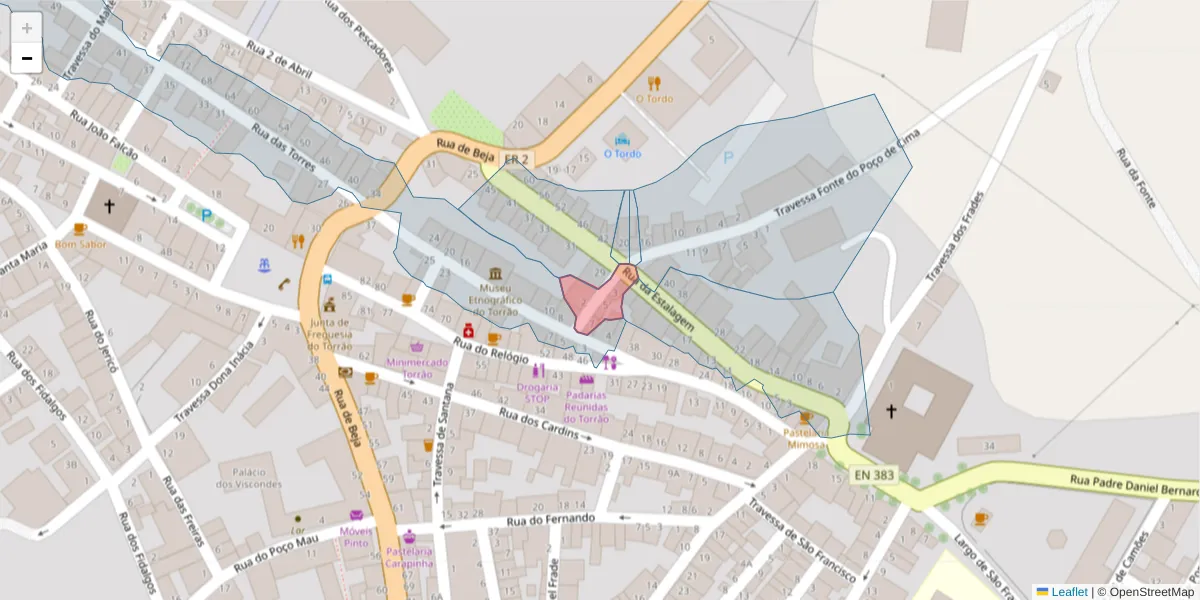 Mapa detalhado do código postal 7595-154 com limites, códigos postais vizinhos e agências dos correios