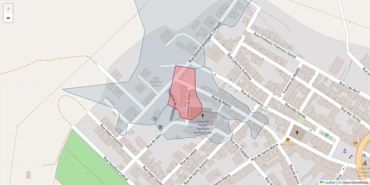 Mapa detalhado do código postal 7595-155 com limites, códigos postais vizinhos e agências dos correios