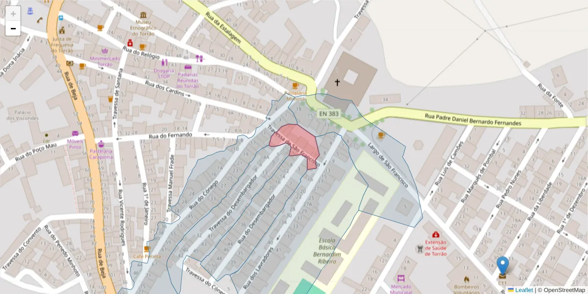 Mapa detalhado do código postal 7595-161 com limites, códigos postais vizinhos e agências dos correios