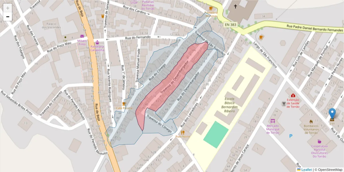 Mapa detalhado do código postal 7595-163 com limites, códigos postais vizinhos e agências dos correios