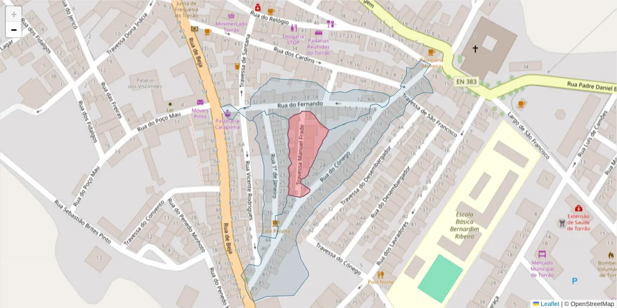Mapa detalhado do código postal 7595-166 com limites, códigos postais vizinhos e agências dos correios