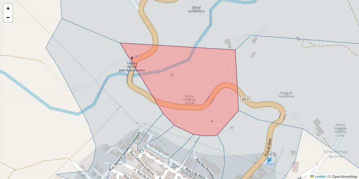 Mapa detalhado do código postal 7595-170 com limites, códigos postais vizinhos e agências dos correios