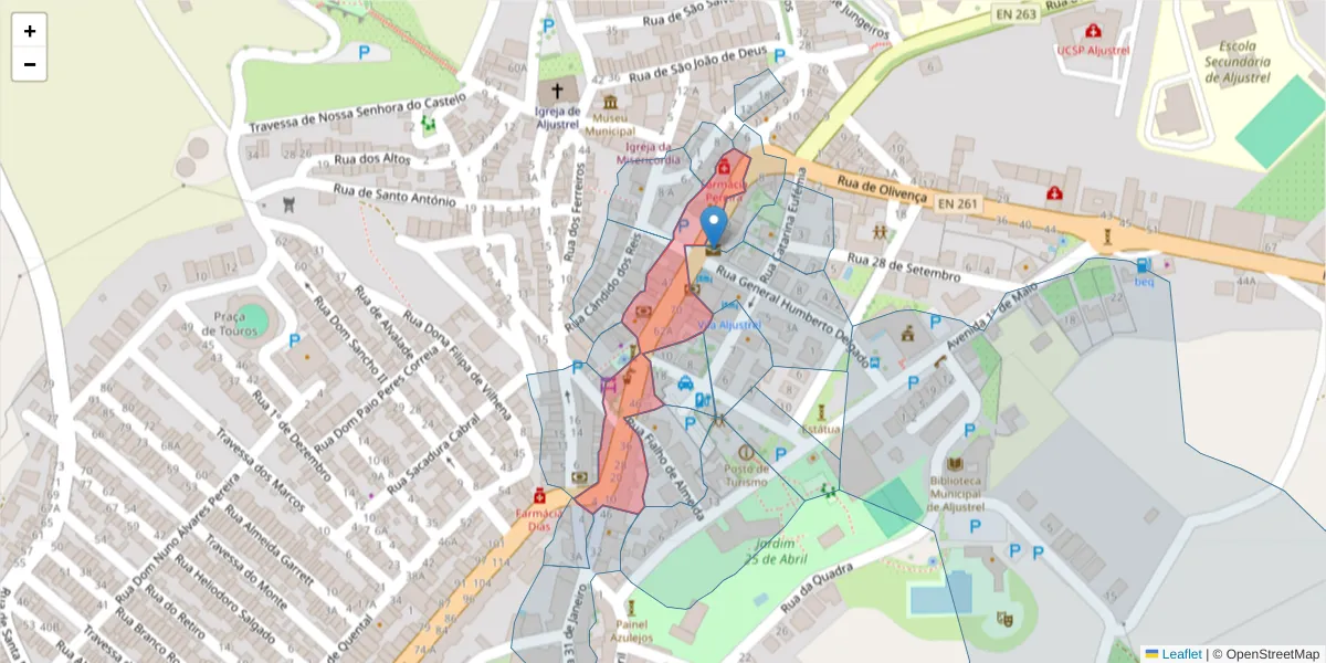Mapa detalhado do código postal 7600-014 com limites, códigos postais vizinhos e agências dos correios