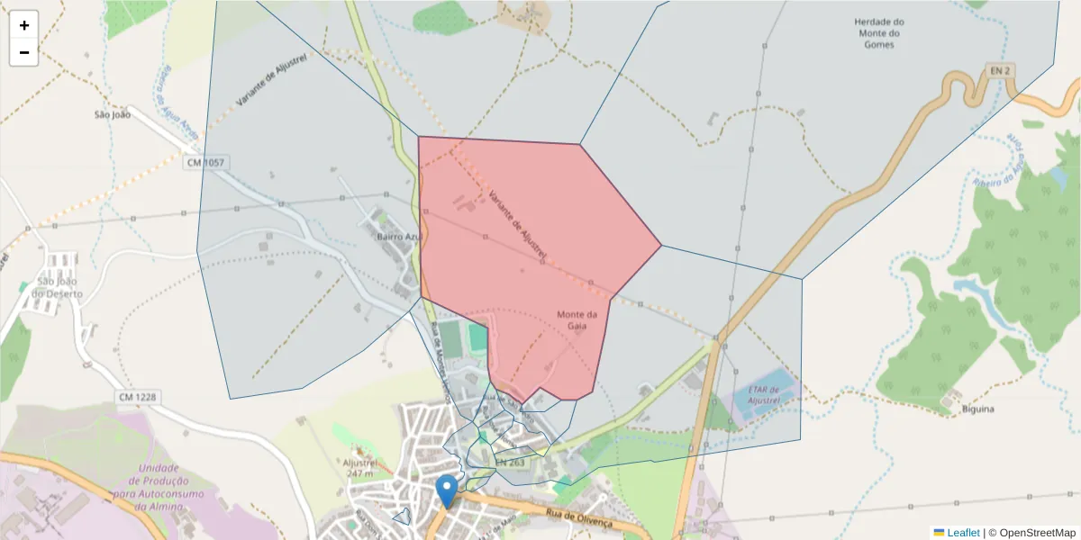 Mapa detalhado do código postal 7600-018 com limites, códigos postais vizinhos e agências dos correios