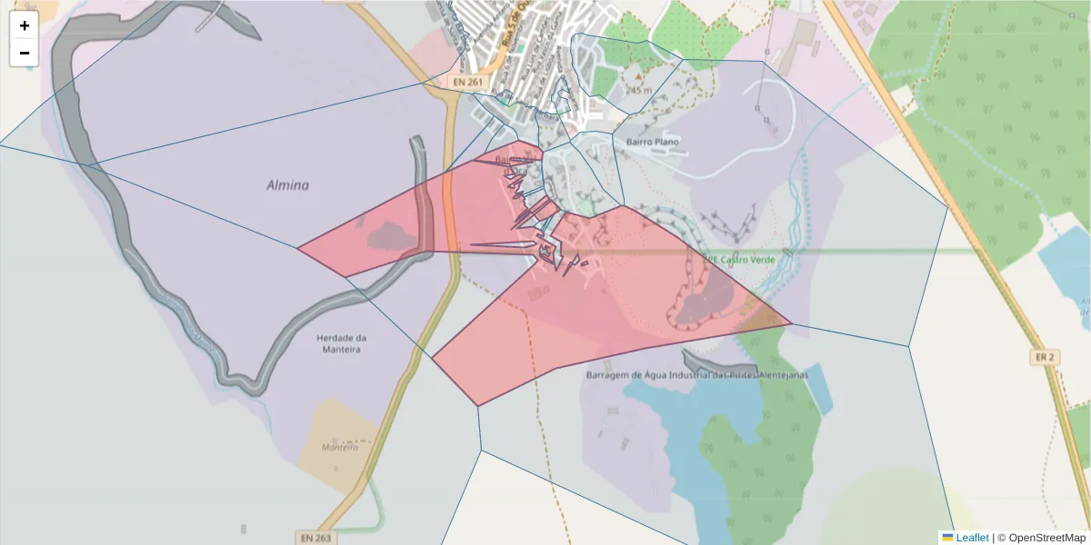 Mapa detalhado do código postal 7600-020 com limites, códigos postais vizinhos e agências dos correios