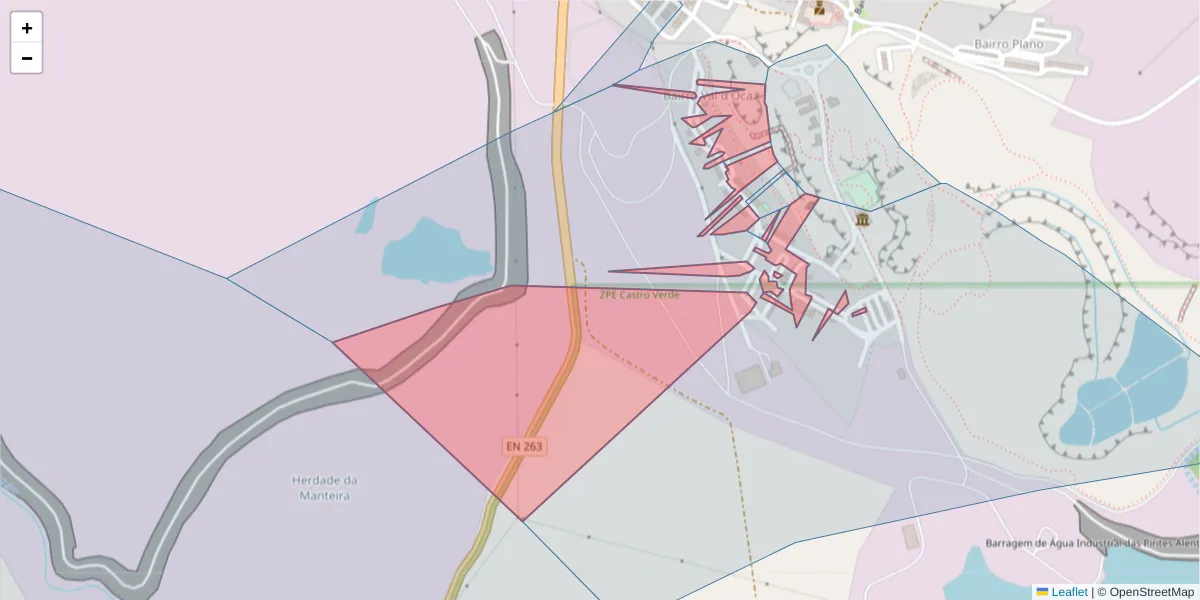 Mapa detalhado do código postal 7600-023 com limites, códigos postais vizinhos e agências dos correios