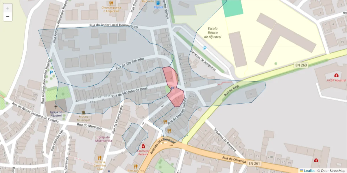 Mapa detalhado do código postal 7600-033 com limites, códigos postais vizinhos e agências dos correios