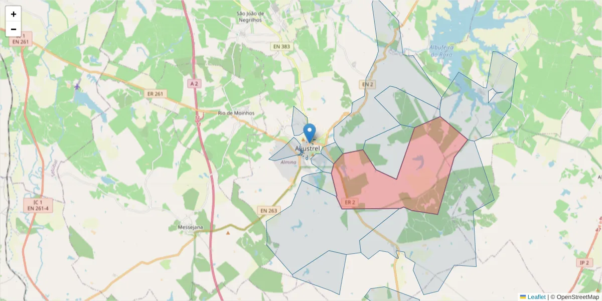 Mapa detalhado do código postal 7600-050 com limites, códigos postais vizinhos e agências dos correios