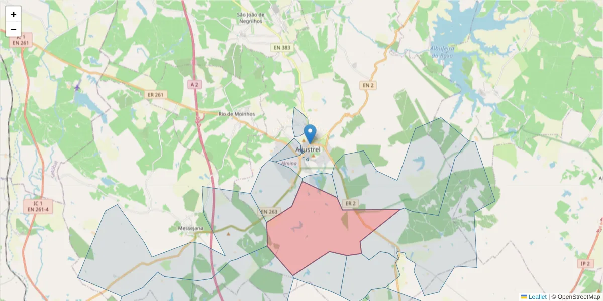 Mapa detalhado do código postal 7600-058 com limites, códigos postais vizinhos e agências dos correios