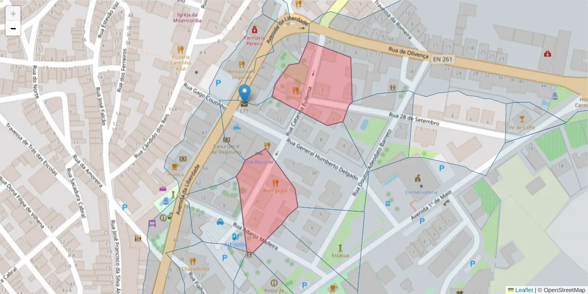 Mapa detalhado do código postal 7600-064 com limites, códigos postais vizinhos e agências dos correios