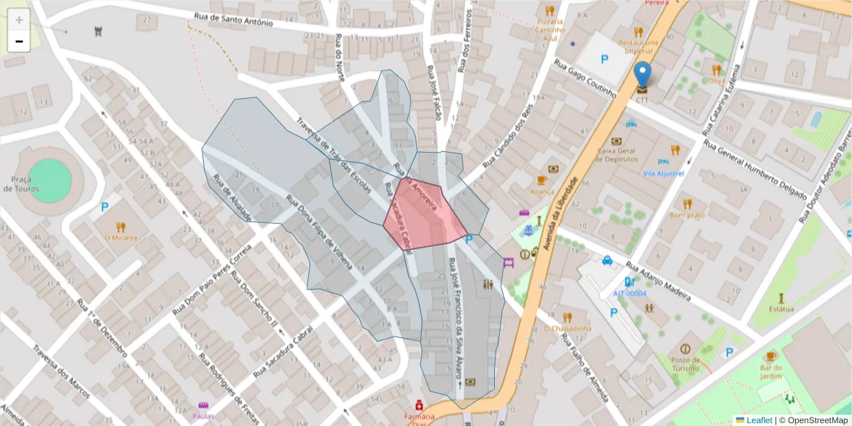 Mapa detalhado do código postal 7600-065 com limites, códigos postais vizinhos e agências dos correios