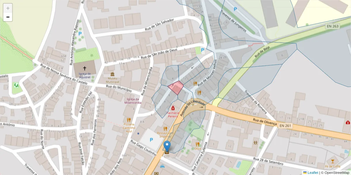 Mapa detalhado do código postal 7600-066 com limites, códigos postais vizinhos e agências dos correios