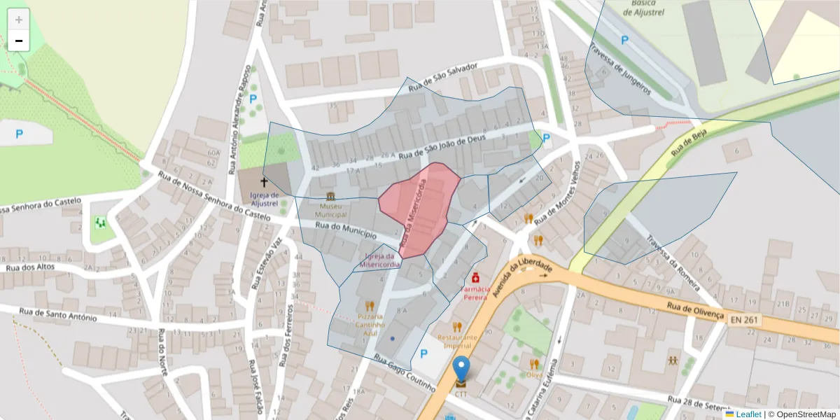 Mapa detalhado do código postal 7600-067 com limites, códigos postais vizinhos e agências dos correios