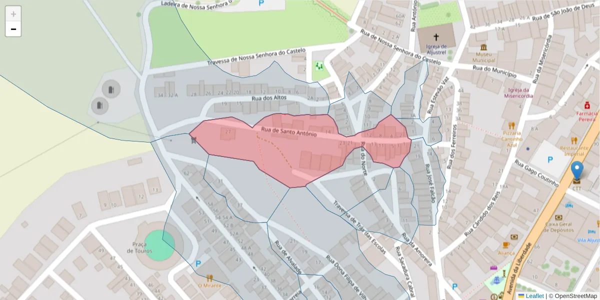 Mapa detalhado do código postal 7600-079 com limites, códigos postais vizinhos e agências dos correios