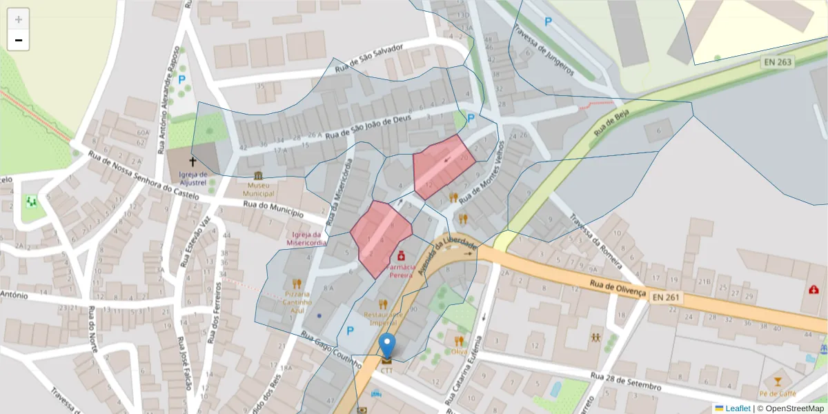 Mapa detalhado do código postal 7600-092 com limites, códigos postais vizinhos e agências dos correios